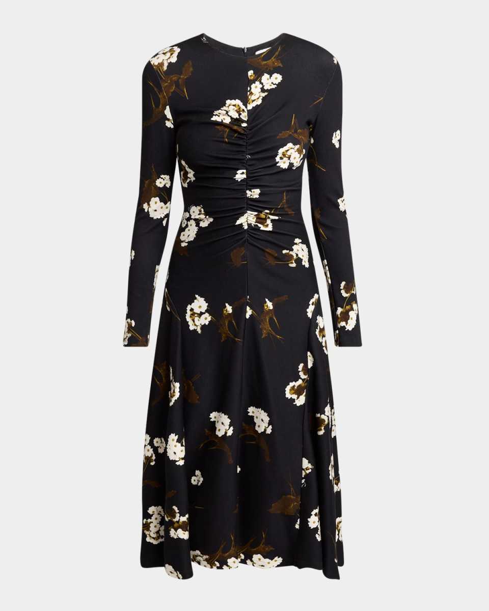Floral Gathered Long Sleeve Midi Dress